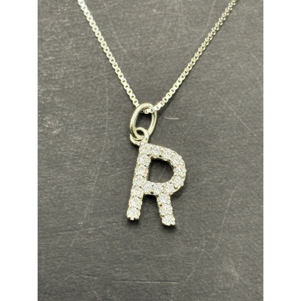New Condition 18" Sterling Silver Cubic Zirconia Initial "R" Pendant Necklace